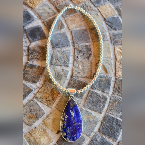 Sterling Silver SIGNED Lapis Pendant, And High Shine Sterling Necklace Set - Picture 3 of 17